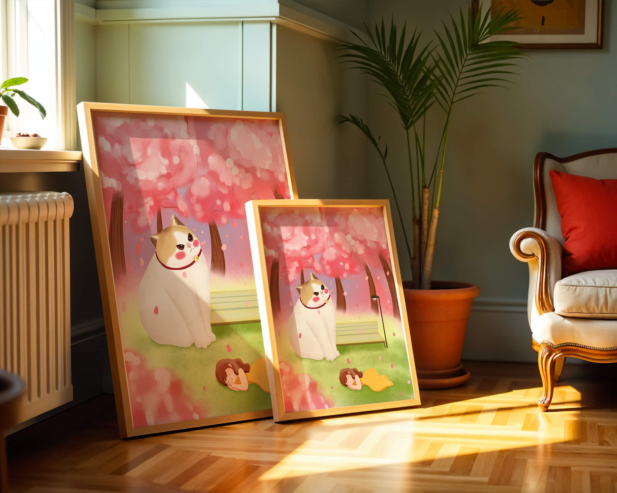 Whimsical scene with giant cat and girl under cherry blossoms