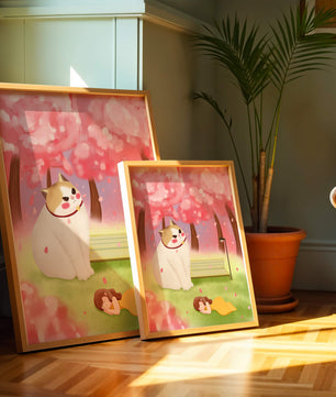 Whimsical scene with giant cat and girl under cherry blossoms