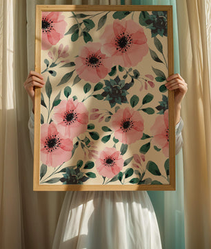 Patrón acuarela floral con flores rosas y hojas verdes