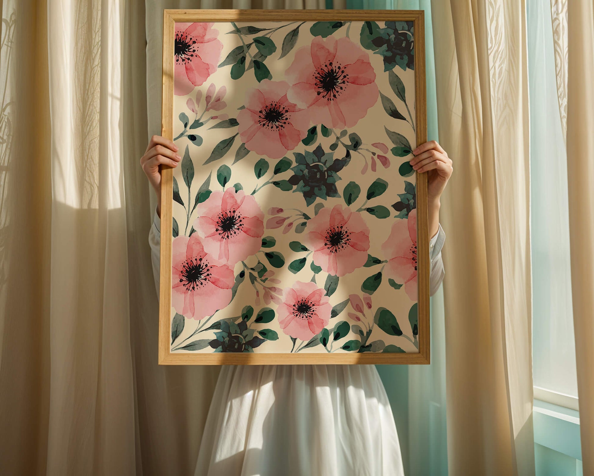 Floral Watercolor Pattern with Pink Flowers and Green Leaves