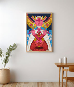 Surreal illustration of a mystical creature with golden horns and vibrant elements