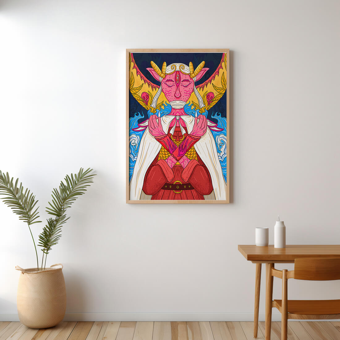 Surreal illustration of a mystical creature with golden horns and vibrant elements