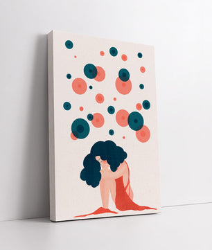 Abstract Illustration of a Woman with Curly Blue Hair Surrounded by Colorful Circles - Mi tienda