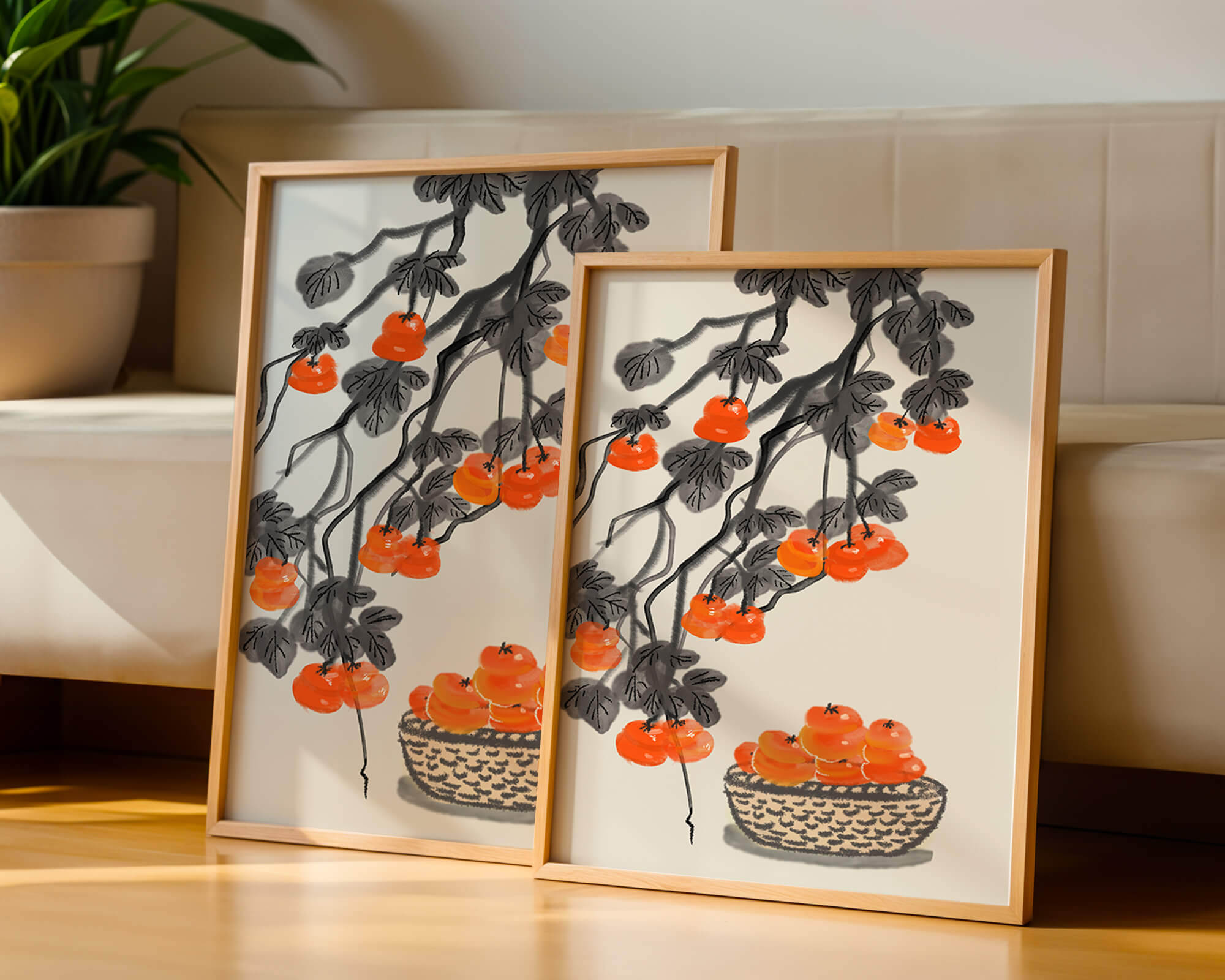 Artistic depiction of hanging persimmons with basket on watercolor canvas