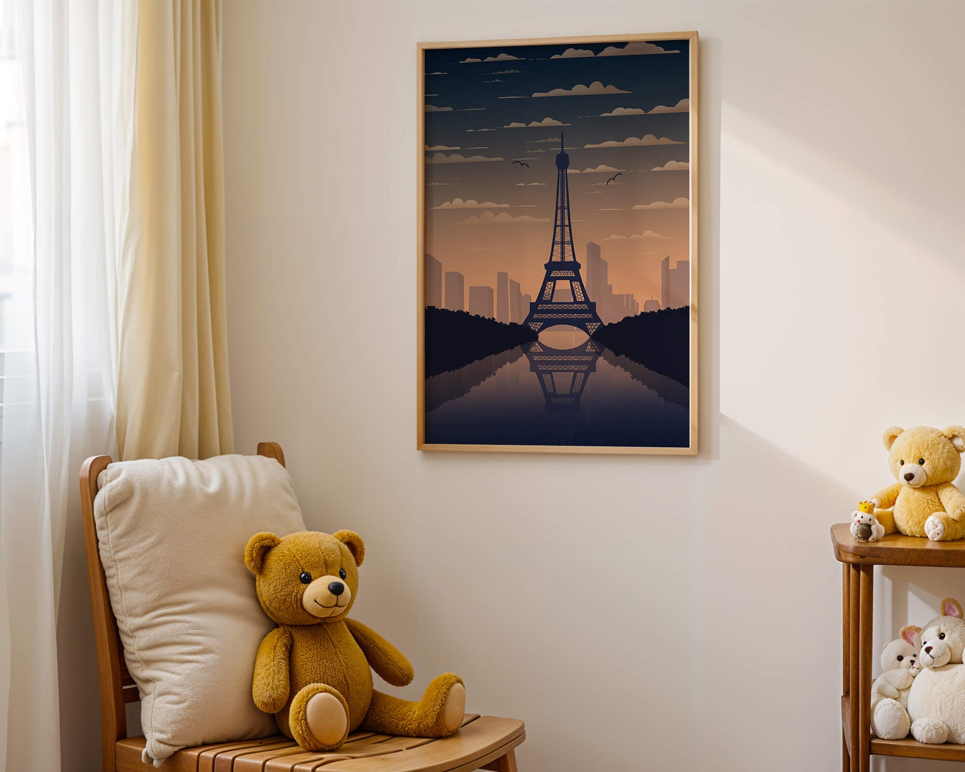 Scenic view of the Eiffel Tower at dusk with city skyline reflection