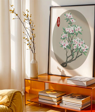 Obra floral delicada con magnolias en flor en estilo oriental