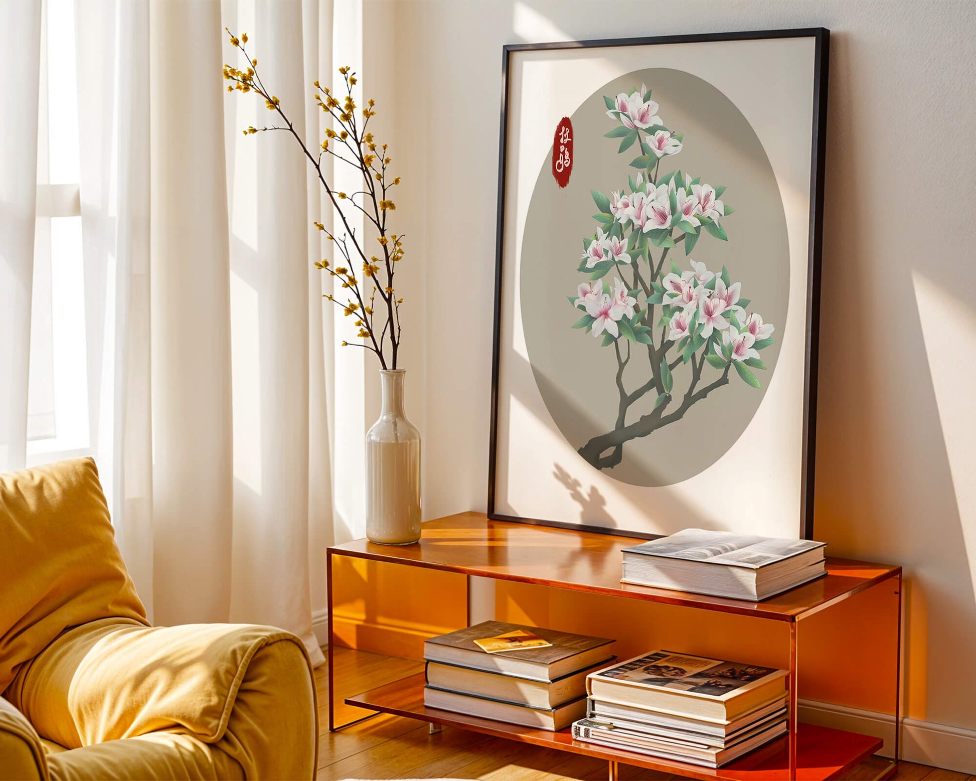 Obra floral delicada con magnolias en flor en estilo oriental
