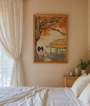 Escena de otoño con ilustración en estilo asiático tradicional