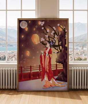 Traditional lantern festival under moonlit sky with cherry blossoms and red bridge