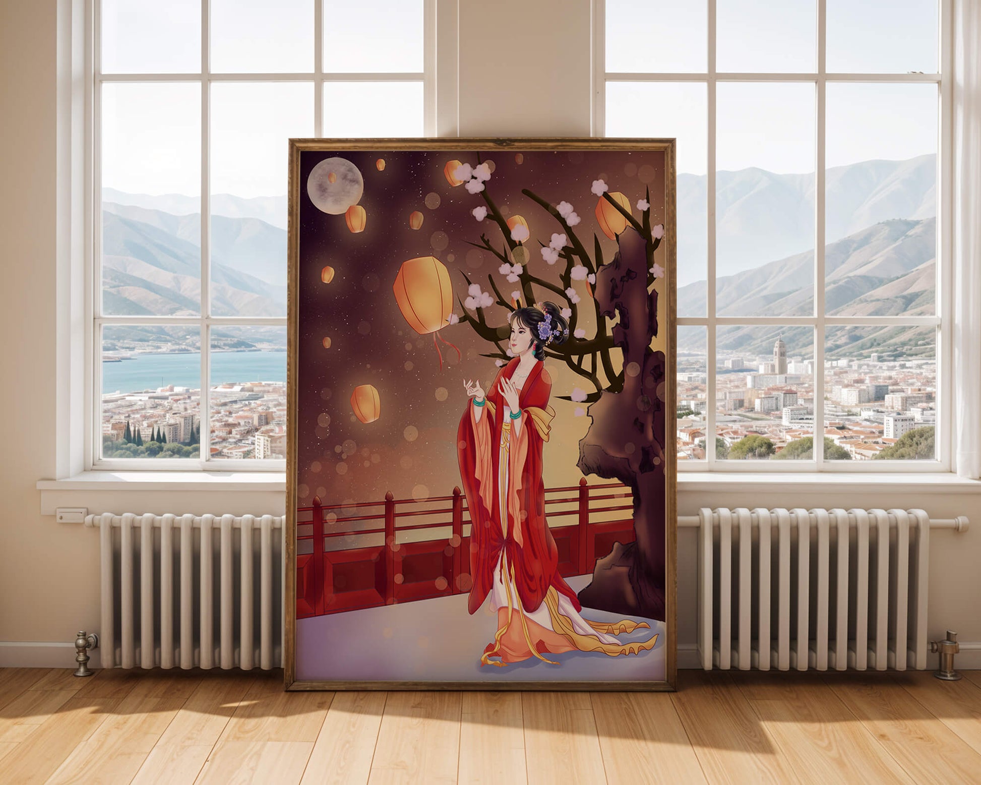 Traditional lantern festival under moonlit sky with cherry blossoms and red bridge
