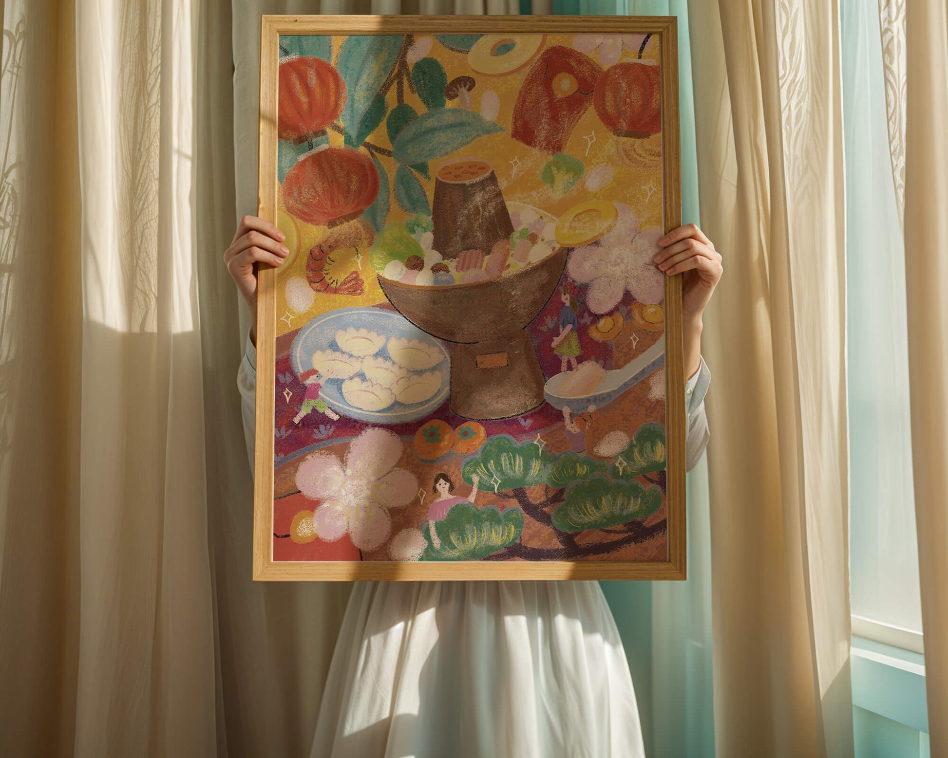 Ilustración del festival de comida asiática colorida con linternas y flores