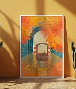 Serene autumn scene with archway and wooden boat