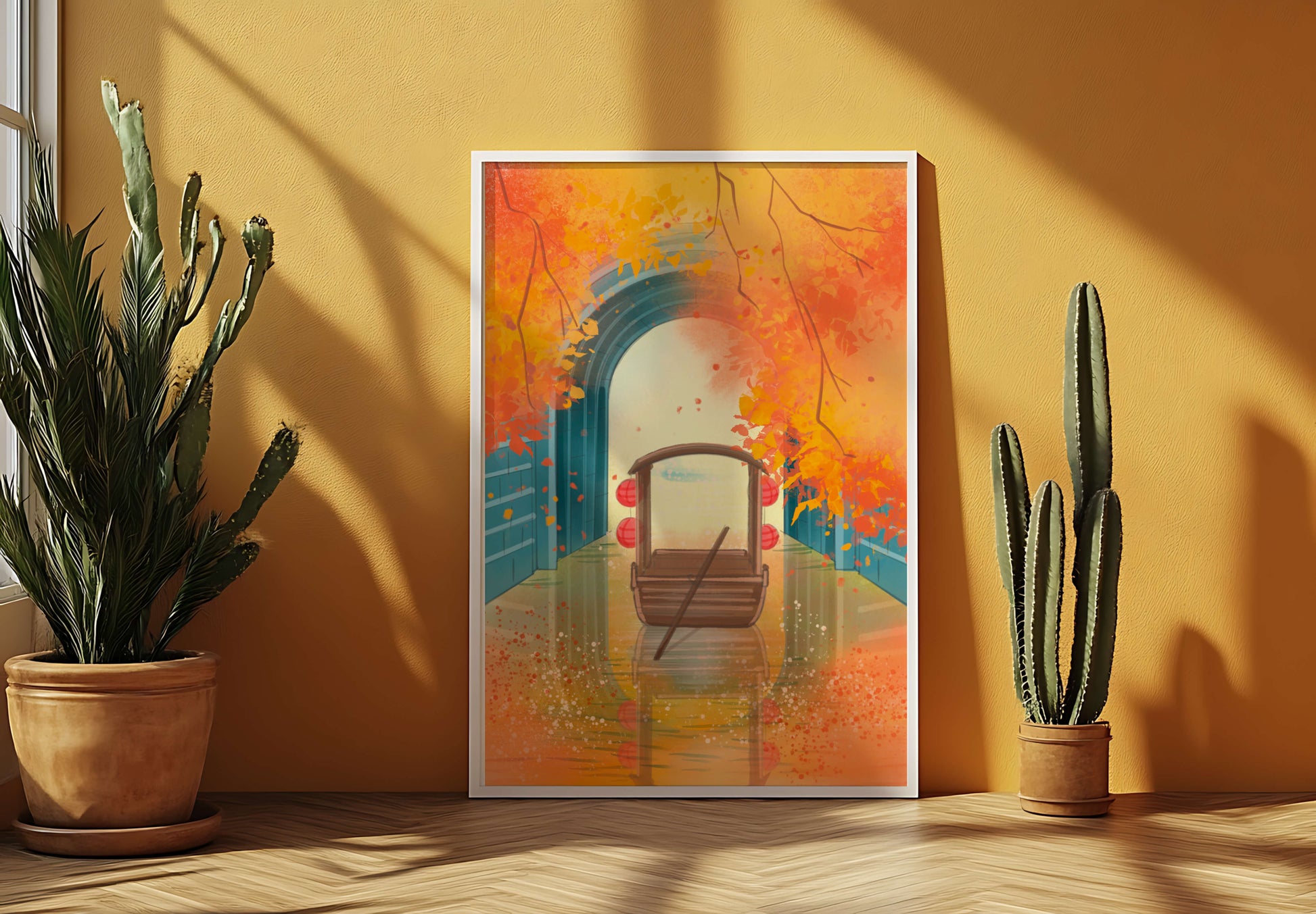 Serene autumn scene with archway and wooden boat