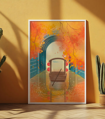 Serene autumn scene with archway and wooden boat