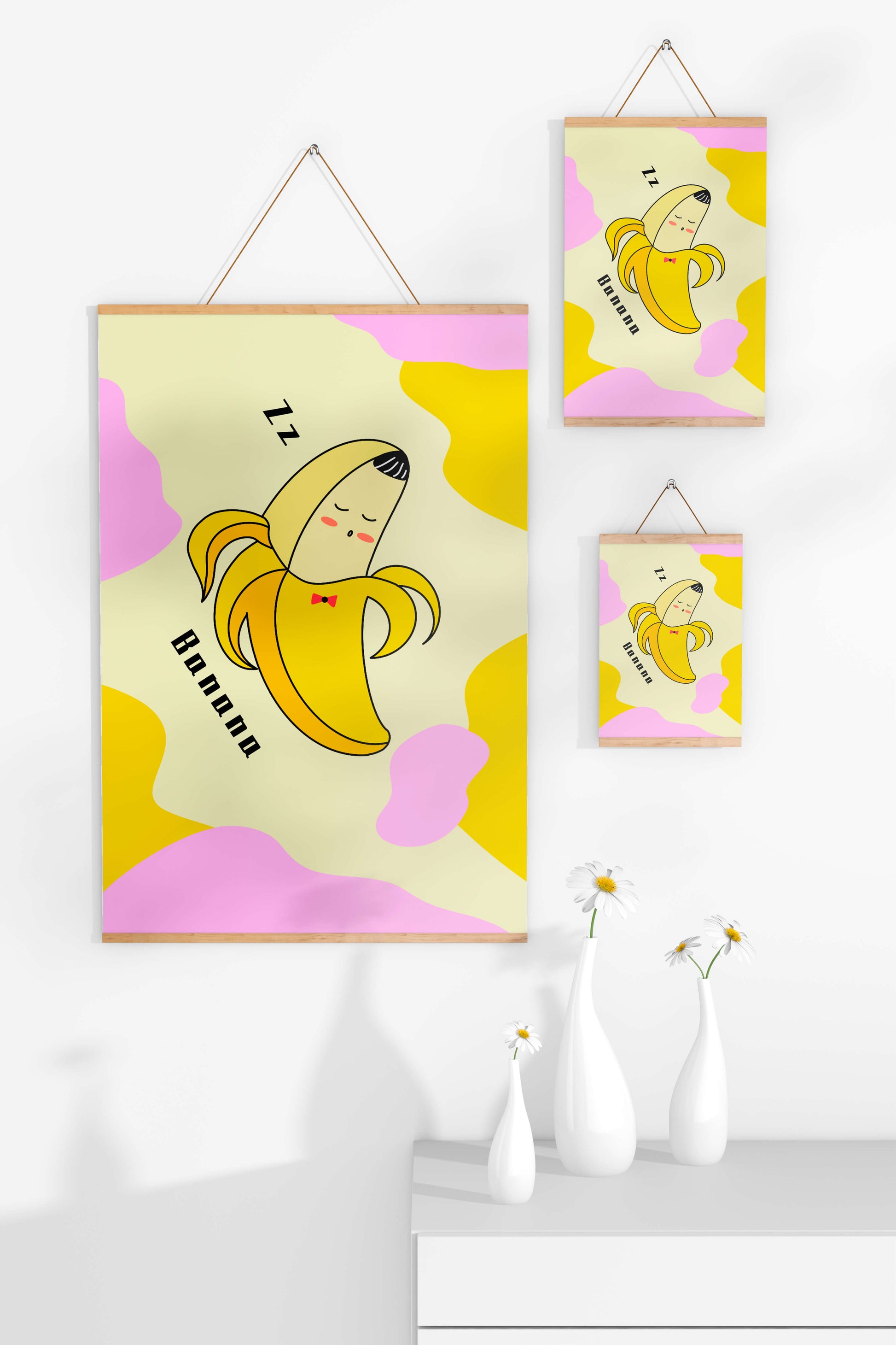 Playful illustration of a sleeping banana with colorful abstract background