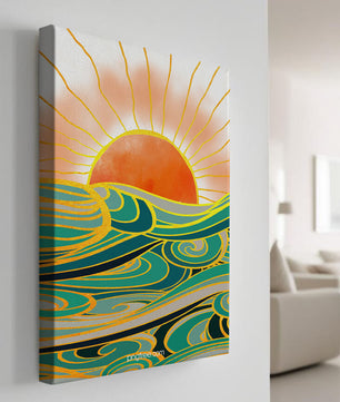 Sunrise over stylized ocean waves with gold accents