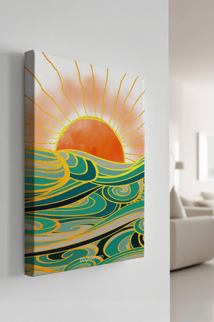 Sunrise over stylized ocean waves with gold accents
