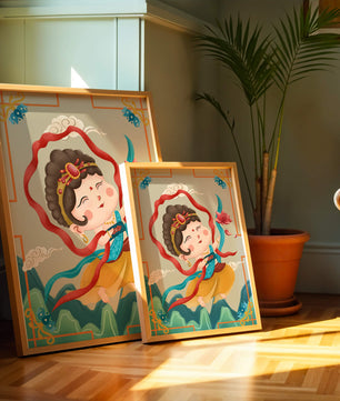 Whimsical illustration of a joyful child deity with lotus and clouds