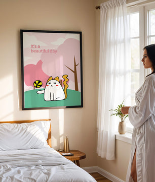 Illustration charmante de chat dans une scène de parc ludique avec des arbres et des nuages.