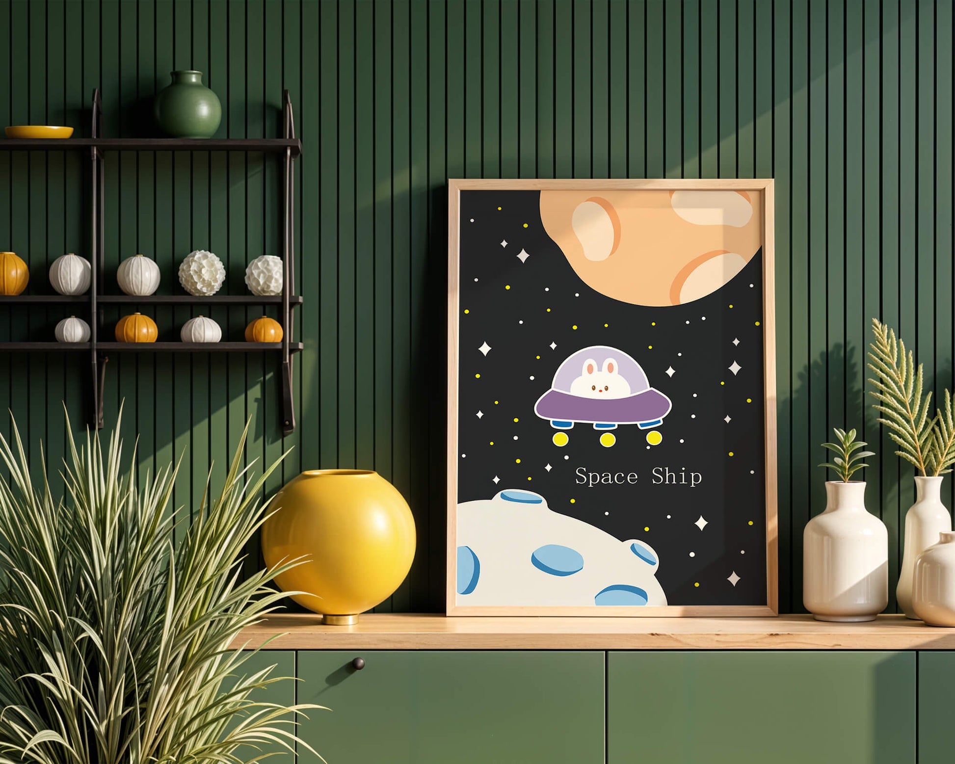Cute bunny in spaceship with planets and stars in space illustration