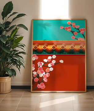 Arquitectura asiática tradicional con cerezos en flor
