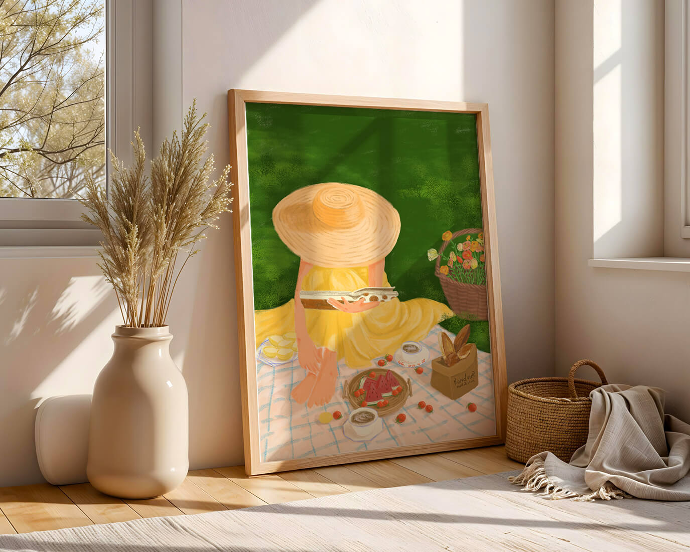 Picnic in the Park with Straw Hat and Flowers