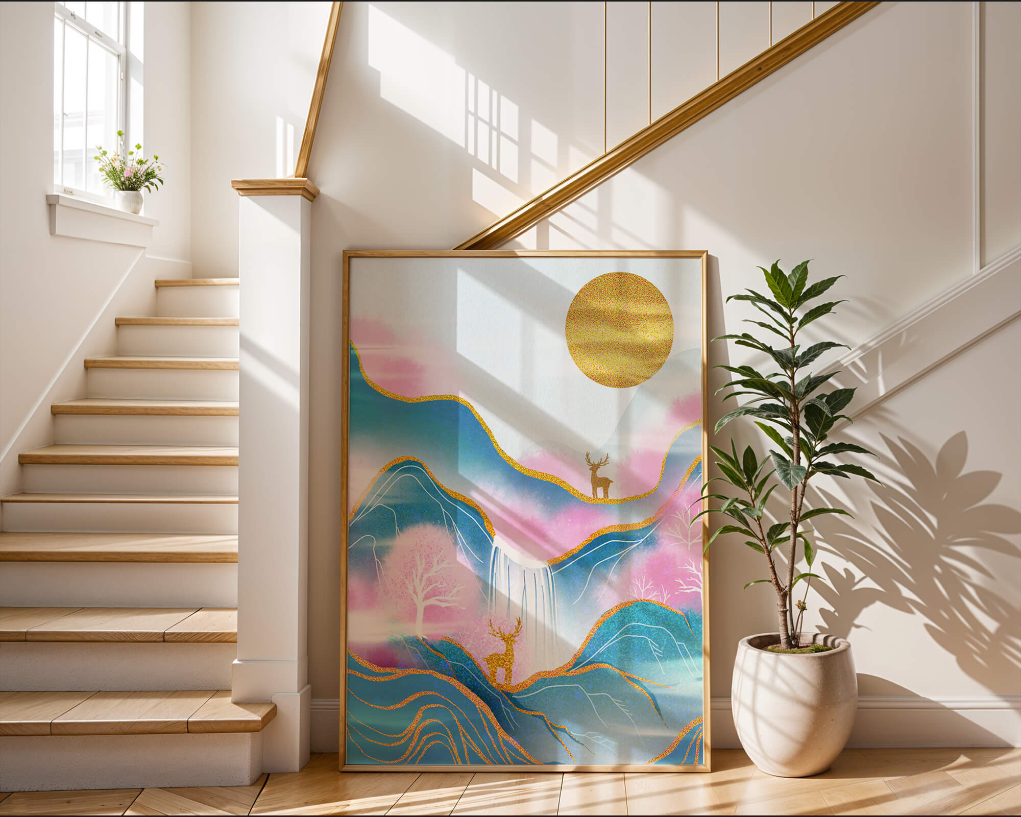 Golden deer in a pastel mountain landscape with pink skies