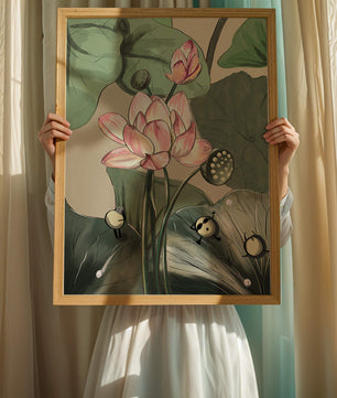 Illustrated lotus with playful cartoon bees in a serene garden