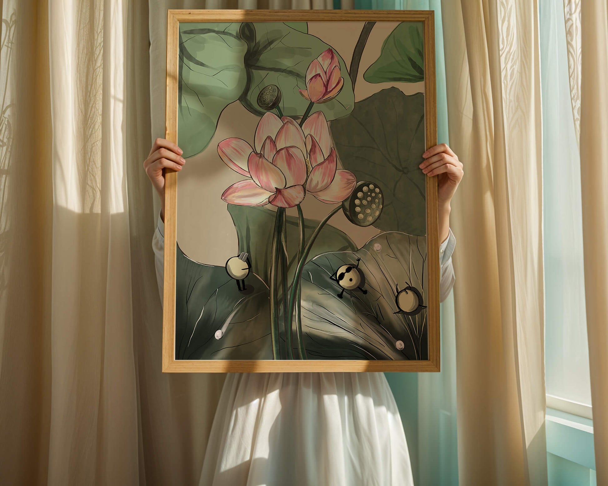 Illustrated lotus with playful cartoon bees in a serene garden