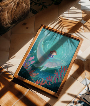 Underwater scene with child and whale surrounded by marine life