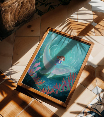 Underwater scene with child and whale surrounded by marine life