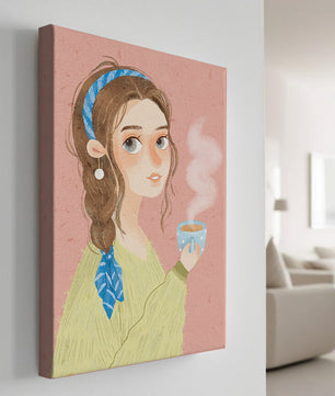 Illustration d'une fille avec un bandeau tenant une tasse fumante