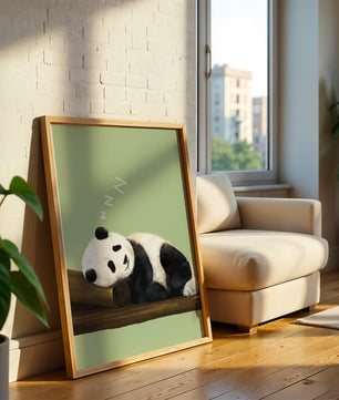 Peaceful panda resting on a log in a serene setting