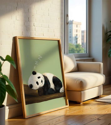 Peaceful panda resting on a log in a serene setting