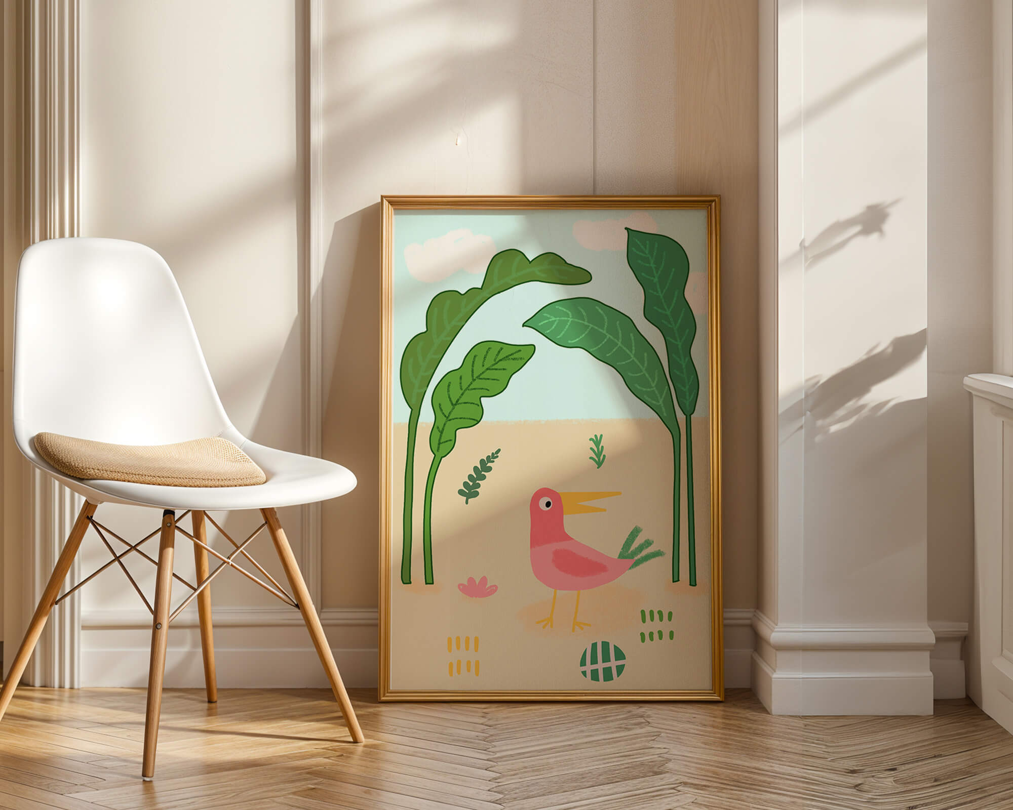 Colorful bird with large leaves and playful design