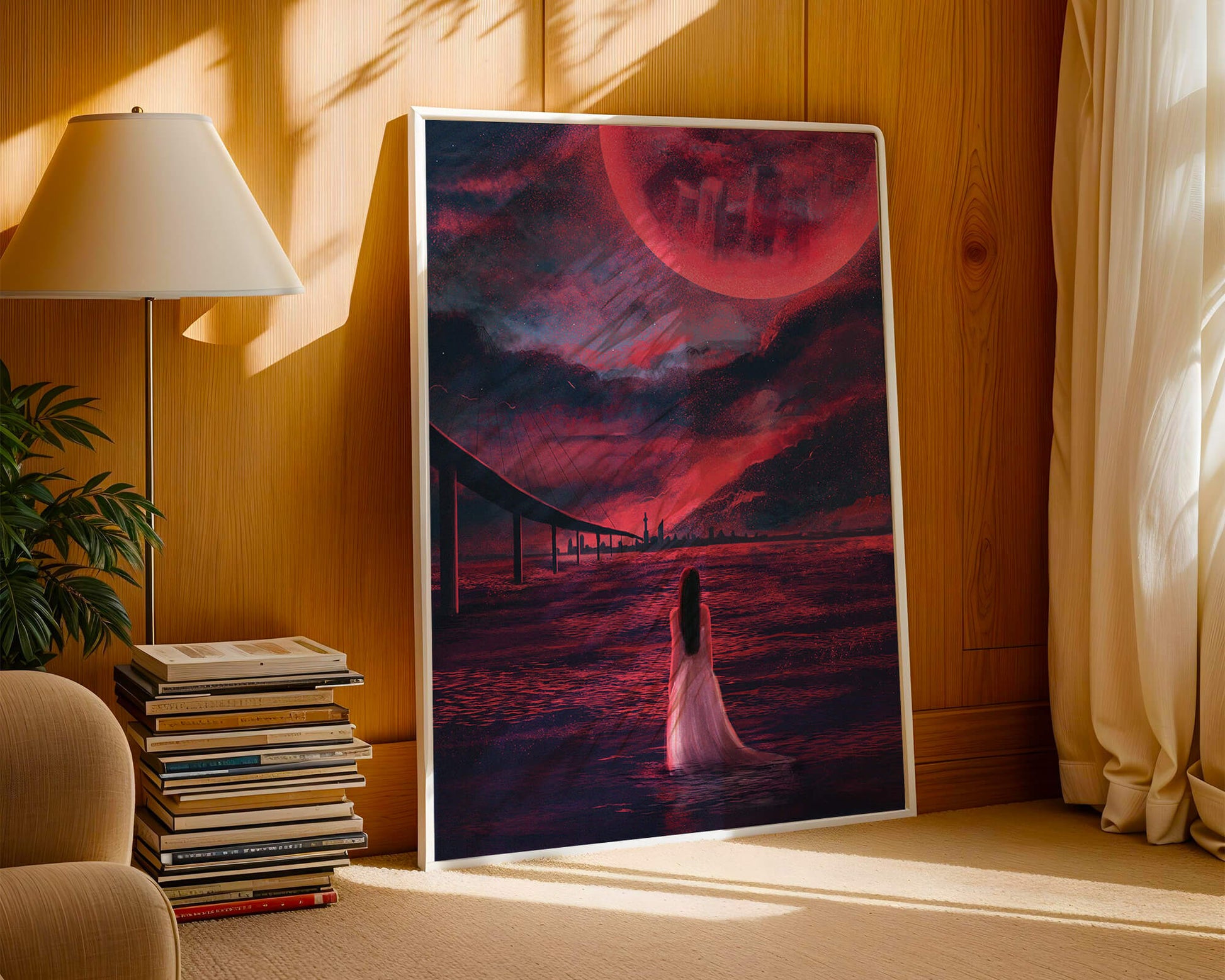 Dreamlike landscape with bridge and red night sky