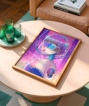 Chica cyberpunk futurista con colores neón y elementos de realidad virtual