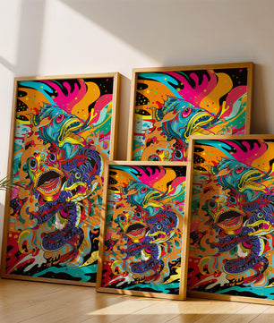 Arte abstracto de peces coloridos con elementos vibrantes
