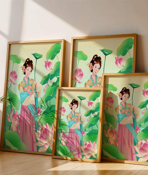 Traditional Asian woman in a garden surrounded by lotus flowers and green leaves