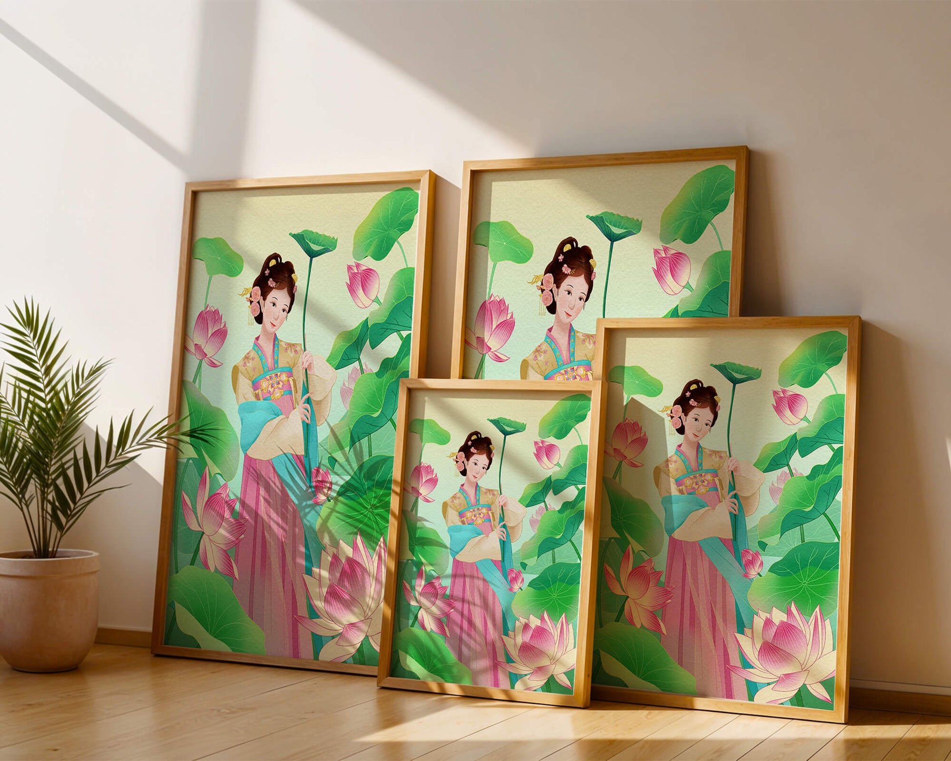 Traditional Asian woman in a garden surrounded by lotus flowers and green leaves