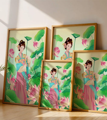 Traditional Asian woman in a garden surrounded by lotus flowers and green leaves