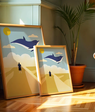 Surreal Landscape with Flying Blue Whale and Human on Desert Path