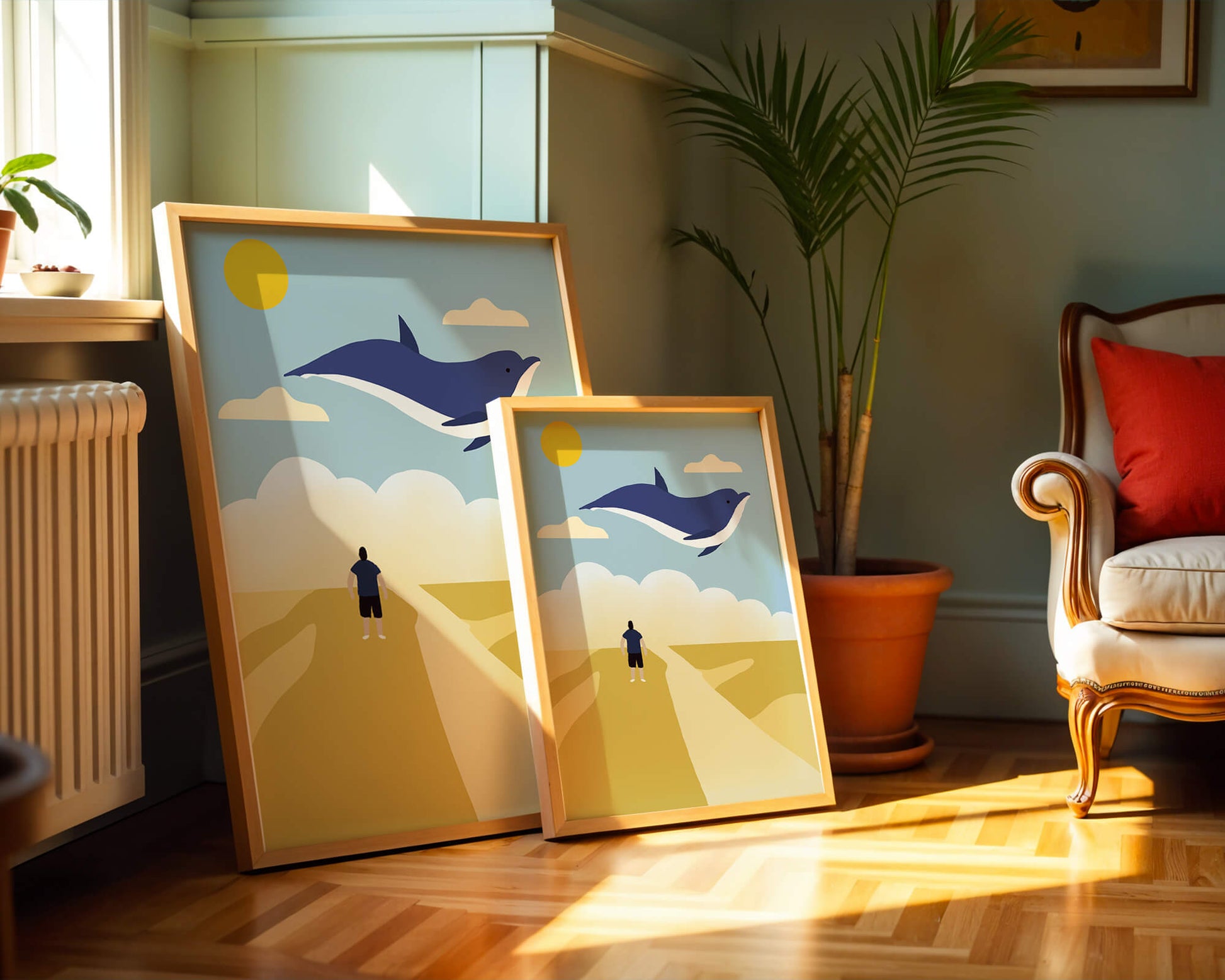 Paisaje surrealista con ballena azul voladora y humano en camino desértico