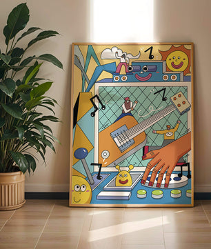 Colorful Cartoon Collage with Musical Elements and Smiling Faces