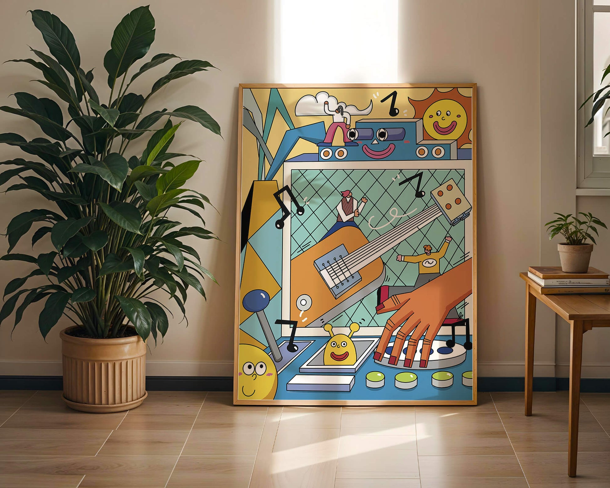 Colorful Cartoon Collage with Musical Elements and Smiling Faces