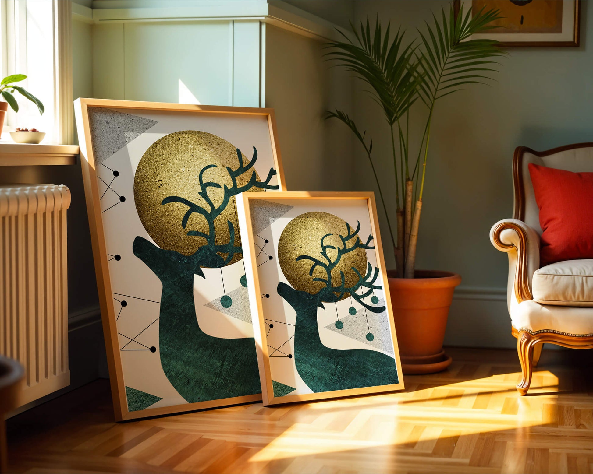Abstract Geometric Deer with Gold Circle and Modern Design