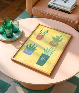 Illustrated potted plants on textured yellow background