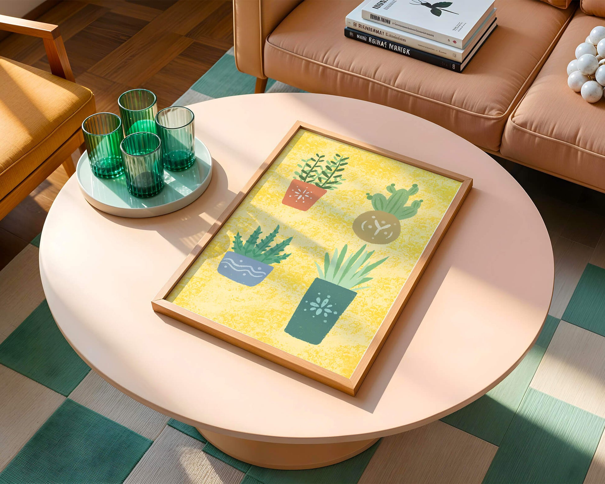 Illustrated potted plants on textured yellow background