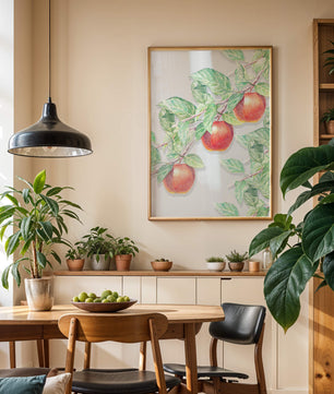 Ilustración de manzanas en la rama de un árbol con hojas verdes