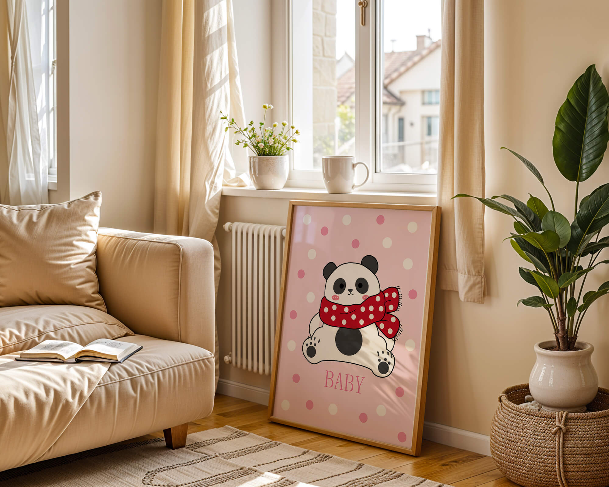 Cartoon panda with red scarf on pink polka dot background
